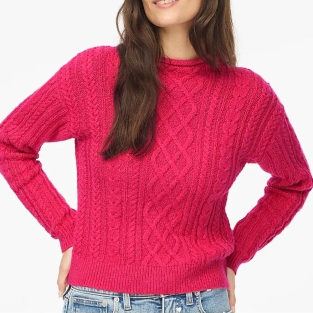 J Crew Mockneck Cable Knit Sweater Raspberry Pink Cotton Blend‎ Heritage Small